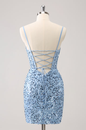 Sparkly Blue Tight Sequins Spaghetti Straps Homecoming Dress